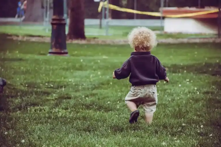 Un bebé o niño pequeño que está empezando a caminar, visto de espaldas, dando sus primeros pasos en un parque de césped verde.